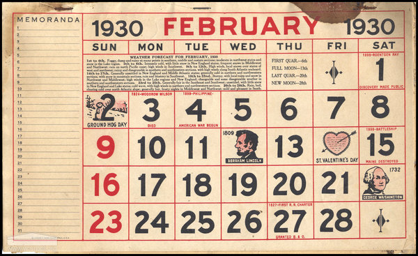 February 1930 Calendar Page · Local History Digital Collection