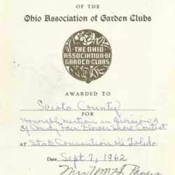 Cert. to Sci. co. from OH. Assoc. of Garden Clubs Sept. 7, 1962.jpg