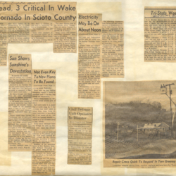 Newspaper articles and photos of the tornado aftermath